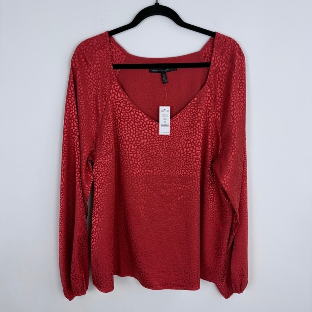 White House Black Market Raglan Jacquard Blouse Fire Quartz Red Long Sleeve  XL